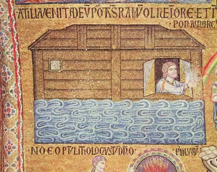 O dilúvio, do átrio, detalhe de Noé recebendo a pomba branca (mosaico)